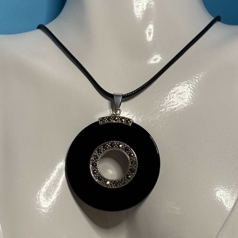 Marcasite Black Cord Silver Plated Necklace